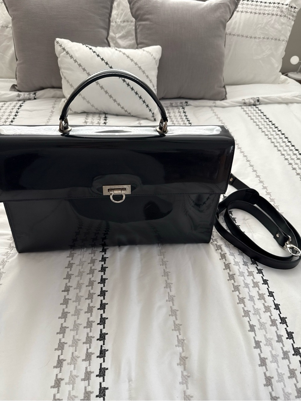 Beijo Black Patent Leather Satchel Bag | Y2K Office Chic